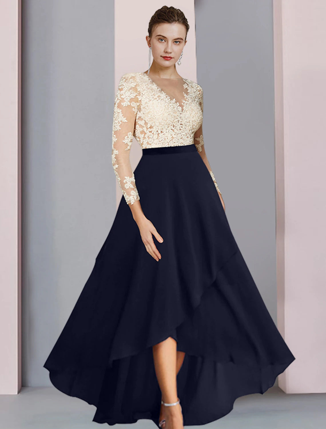 Wholesale  Sheath / Column Mother of the Bride Dress Wedding Guest Party Elegant V Neck Asymmetrical Chiffon Lace Long Sleeve with Pleats